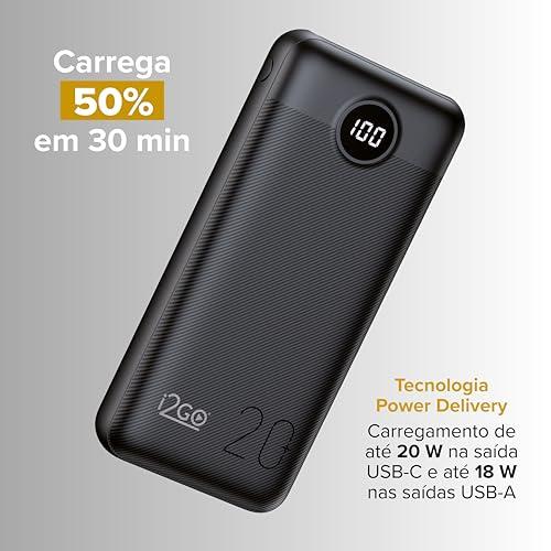         Carregador Portátil (Power Bank) Ultra Rápido 20000mAh Power Delivery 20W 2 Saídas USB + 1 Saída/Entrada USB-C Preto I2GO - I2GO PRO       