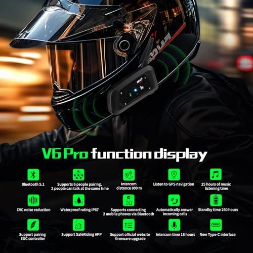         Fone de ouvido intercomunicador EJEAS V6 Pro com Bluetooth, bidirecional, 1.200 m, sistema de comunicação para esqui, quadriciclos, motocross, para capacetes completos e articulados (2 unidades)       